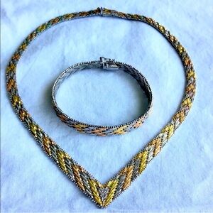 ITALY STERLING SILVER 3 TONE GOLD CHEVRON RICCIO NECKLACE AND BRACELET S…